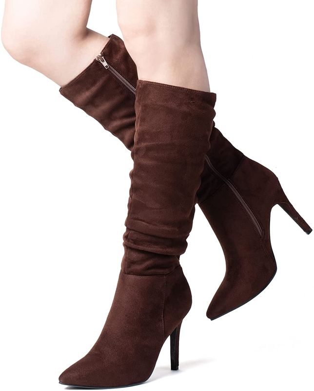 Photo 1 of Katliu Women Suede Knee High Boots Pointed Toe Stiletto Boot Slouchy Zipper High Heel Boots size 6.5
