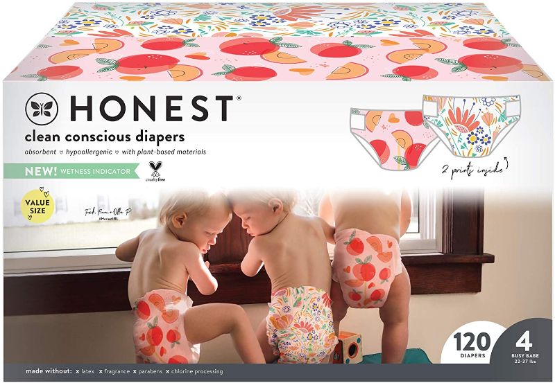 Photo 1 of HONEST Super Club Box, Clean Conscious Diapers, Just Peachy + Flower Power, Size 4, 120 Count (Packaging + Print May Vary) (H01SCB0063S4R)
