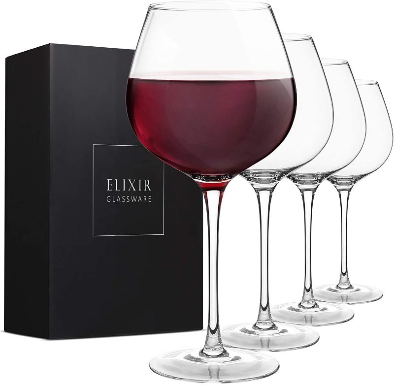 Photo 1 of   Large Wine Glasses, Hand Blown – Set of 4 Long Stem Wine Glasses, Premium Crystal – Wine Tasting, Wedding, Anniversary, Christmas – 22 oz, Clear
