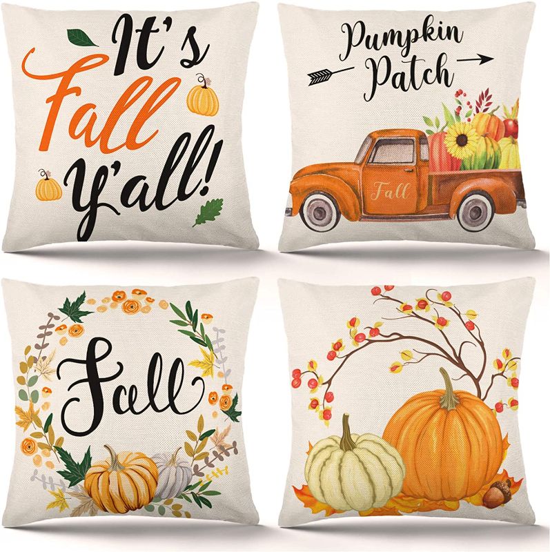 Photo 1 of  Fall Pillow Covers 18x18 Inch Set of 4 Autumn Pumpkin Pillow Covers Holiday Rustic Linen Pillow Case for Sofa Couch Farmhouse Thanksgiving Fall Decorations Throw Pillow Covers