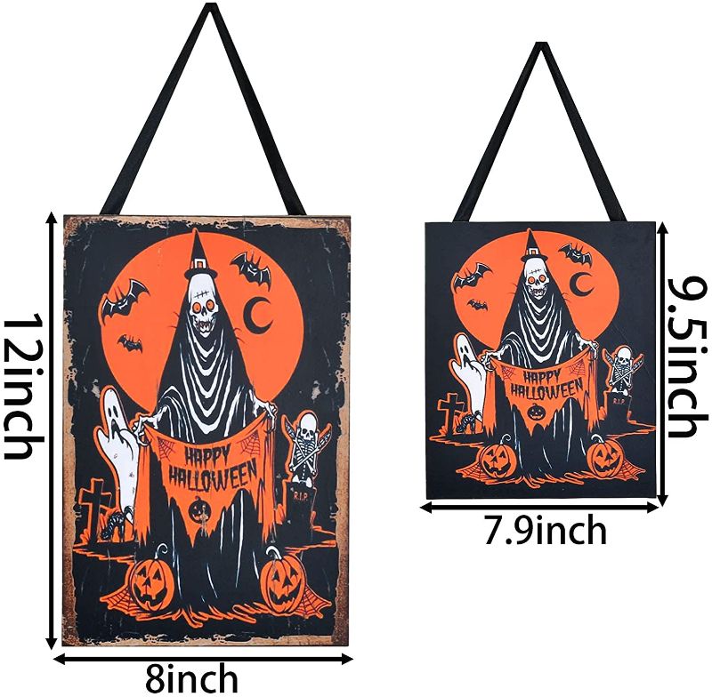 Photo 1 of  Happy Halloween Hanging Decoration Trick or Treat Hanging Sign Black Ghost Welcome Signs for Halloween Party
