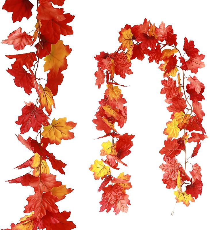 Photo 1 of 1 Pack Maple Leaf Fall Garland 5.7FT Artificial Hanging Autumn Leaves Vine Fall Decor for Wedding Party Fireplace Christmas