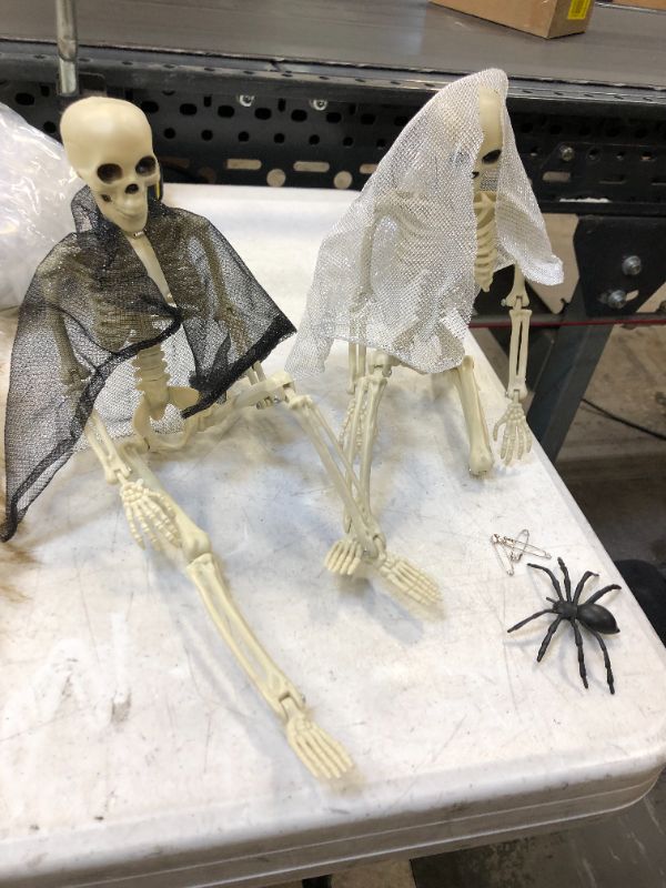 Photo 2 of 2Pcs 16" Halloween Skeletons Decor, Hanging Full Body Joints Posable Skeleton Halloween Decoration Bride Groom Spider Accessories Halloween Party Favors Haunted House Indoor Spooky Decor
