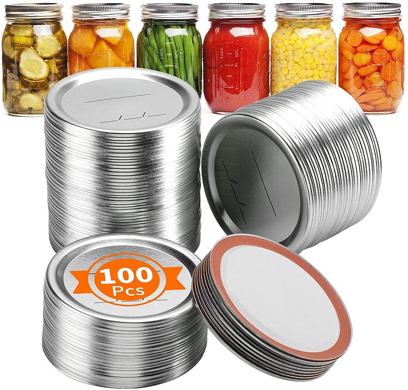 Photo 1 of 100 count Regular Mouth Canning Lids for Ball, Kerr canning lids - Split-Type Metal Mason Jar Lids for Canning - Food Grade Material, 100% Fit & Airtight for Regular Mouth Jars
