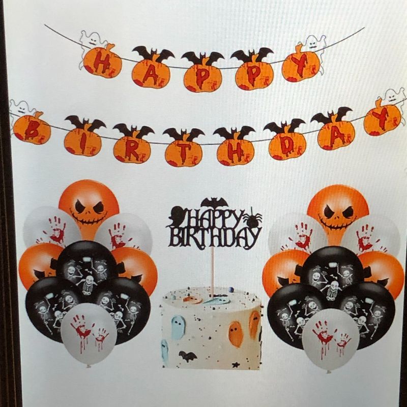 Photo 1 of  HAPPY BIRTHDAY PARTY DECORATIONS HALLOWEEN HAPPY BIRTHDAY PARTY BANNER AND CAKE TOPPER PLUS HALLOWEEN LATEX BALLOONS