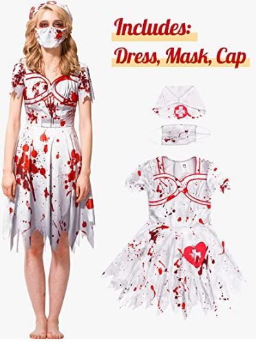 Photo 1 of IKALI Zombie Halloween Costume, Girls Women Cheerleader High School Prisoner Bride Nurse Bloody Kids Fancy Dress Outfit SIZE LARGE
