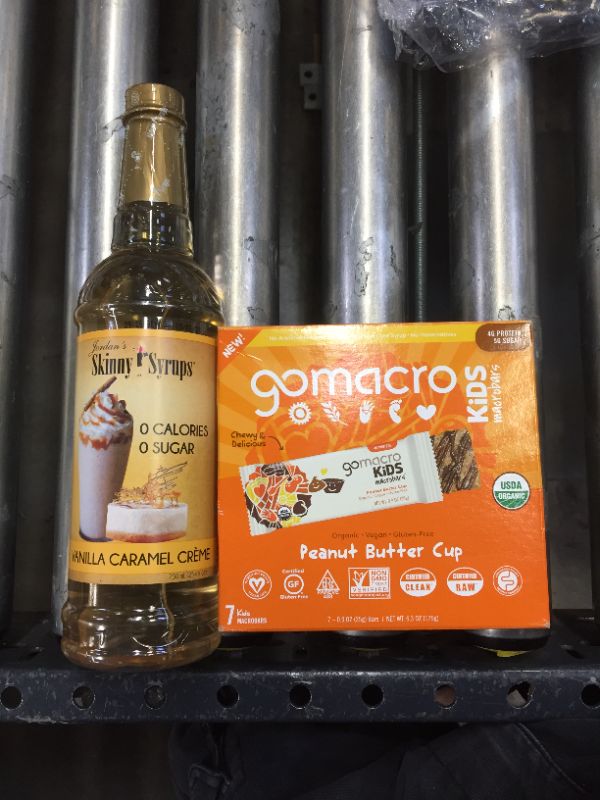 Photo 1 of  Jordan’s Skinny Syrups | Sugar Free Vanilla Caramel Crème Coffee Syrup | Heal Exp 10.2.23 And GoMacro Kids MacroBar Organic Vegan Snack Bars - Peanut Butter Cup (0.90 Ounce Bars, 7 Count) Exp Aug 9.21