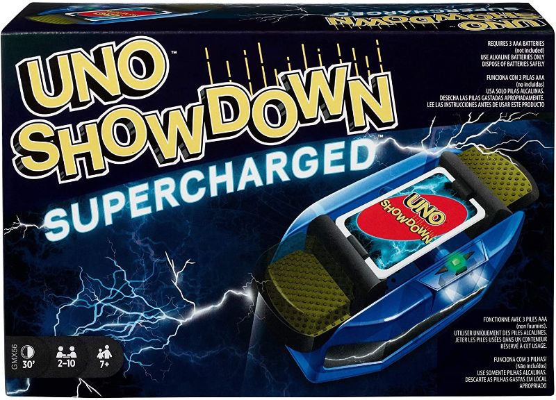 Photo 1 of UNO Showdown Supercharged Family Card Game with 112 Cards & Showdown Supercharged Unit for Ages 7 Years Old & Up, Gift for Kid, Family or Adult Game Night, Ships in Own Container [Amazon Exclusive]
