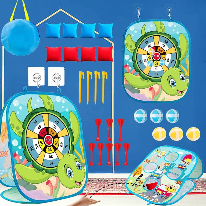 Photo 1 of Bean Bag Toss Game Toys for Kids Outdoor Beach Games Dart Board for Kids Outside Indoor Fun Gift Toys for Toddlers Family Corn Hole Game Set for Boys Girls Age 3-5 4-8 3 in 1 for Adults, Blue
