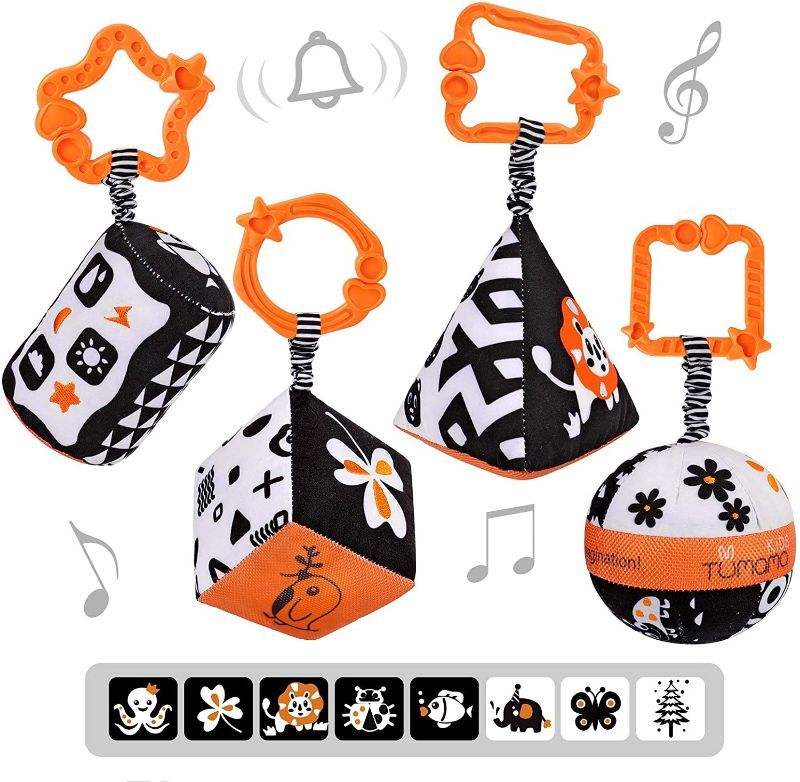 Photo 2 of 2PACK -  TUMAMA High Contrast Shapes Sets Baby Toys, Black and White Stroller Toy for Car Seat Baby Plush Rattles Rings Hanging Toy for 0 3 6 9 to 12 Months, Newborn,Toddlers,Infants (4 Packs)
