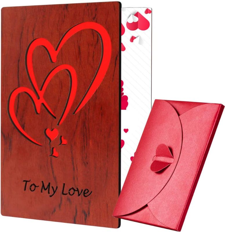 Photo 1 of 10 PACK, Valentines Day Cards for Her Him, Wood Anniversary Gifts for Husband Wife, Happy Birthday Card for Boyfriend Girlfriend, Wooden Greeting Card with Red Heart Envelope
