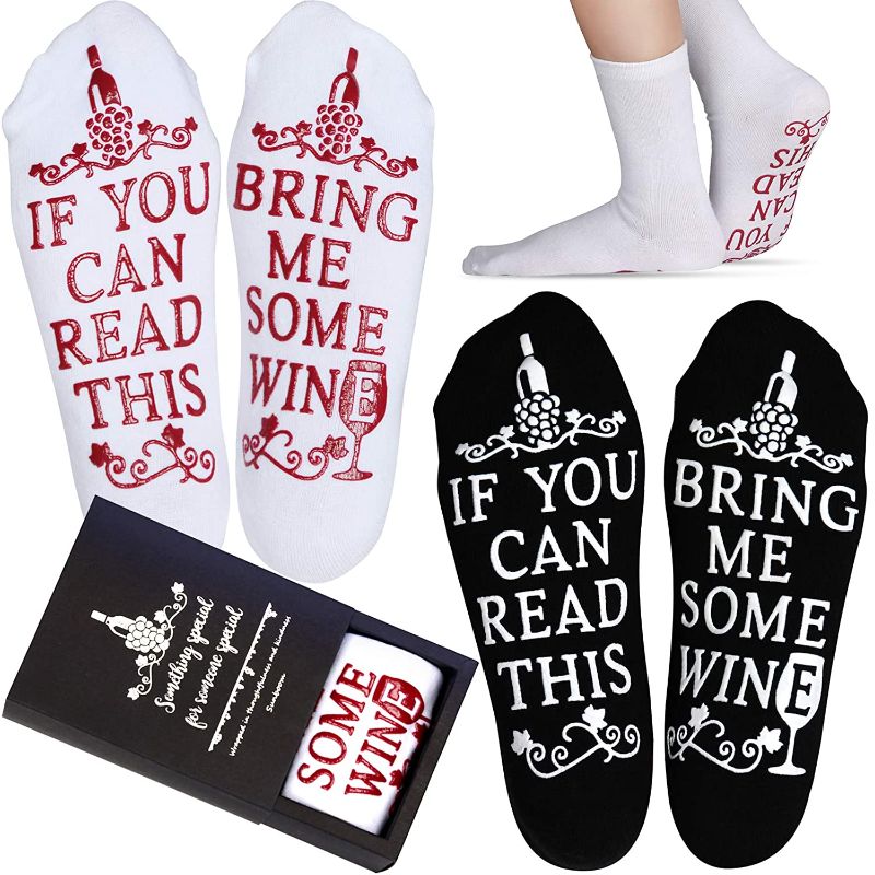 Photo 1 of 2 PACK, Wine Gifts for Women, Mom Dad Grandma Christmas Gifts, "If You Can Read This Bring Me Some Wine" Socks (4 Pairs) SEALED PRIOR TO OPENING, COLOR DYE HAS BLED ONTO OTHER PAIR OF SOCKS 

