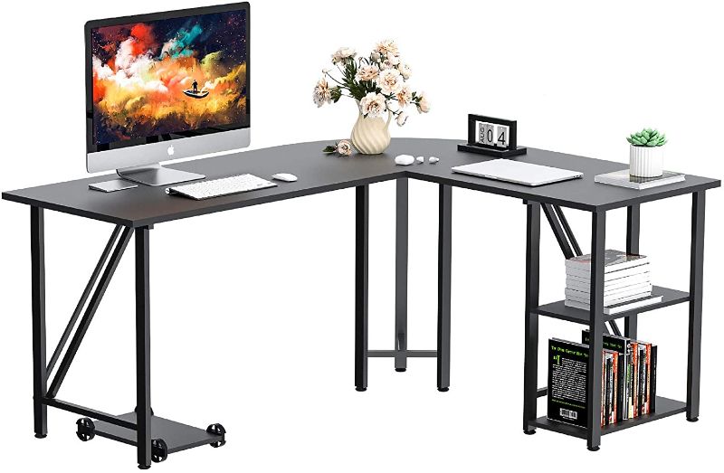 Photo 1 of Bizzoelife 59"x55" Large L-Shaped Corner Computer Desk, Modern Home Office PC Laptop Gaming Table with CPU Stand and Bookshelf, Wood & Metal Teens Writing Study Workstation for Space-Saving (Black)
