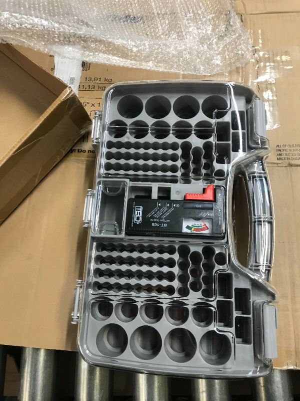 Photo 1 of The Battery Organizer Storage Case with Hinged Clear Cover, Includes a Removable Battery Tester, Holds 180 Batteries Various Sizes Gray.
