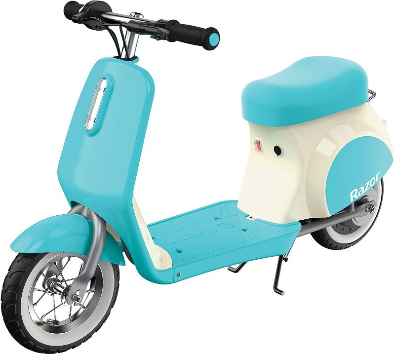 Photo 1 of Razor Pocket Mod Petite - 12V Miniature Euro-Style Electric Scooter for Ages 7 and Up, Hub-Driven Motor, Air-Filled White Wall Tires, Up to 40 min Ride Time, Blue--Must carefully place attachment for steering 
