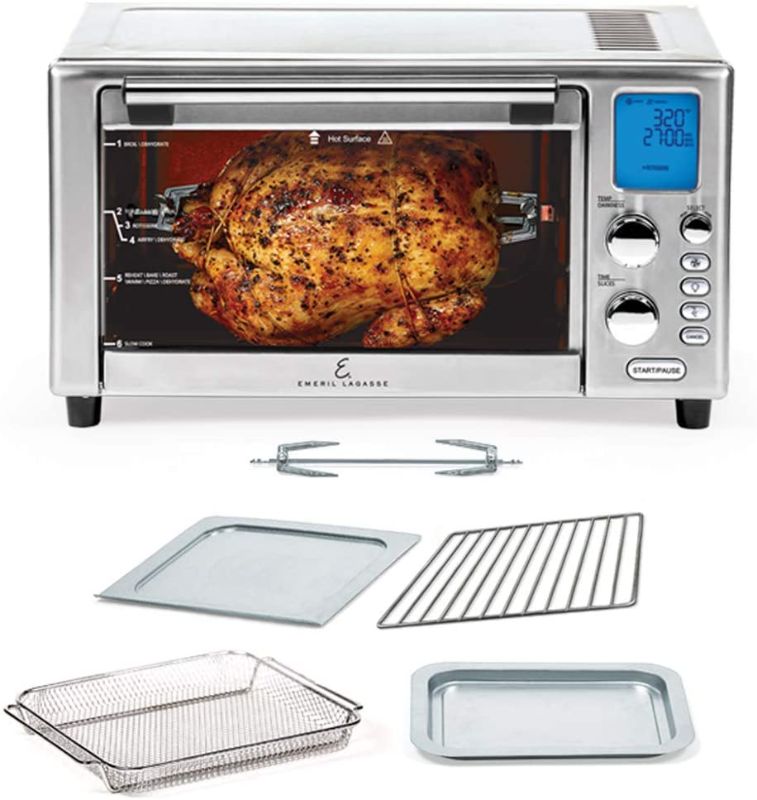 Photo 1 of Emeril Lagasse Power Air Fryer 360 Better Than Convection Ovens Hot Air Fryer Oven, Toaster Oven, Bake, Broil, Slow Cook and More Food Dehydrator, Rotisserie Spit, Pizza Function Cookbook Included Stainless Steel
