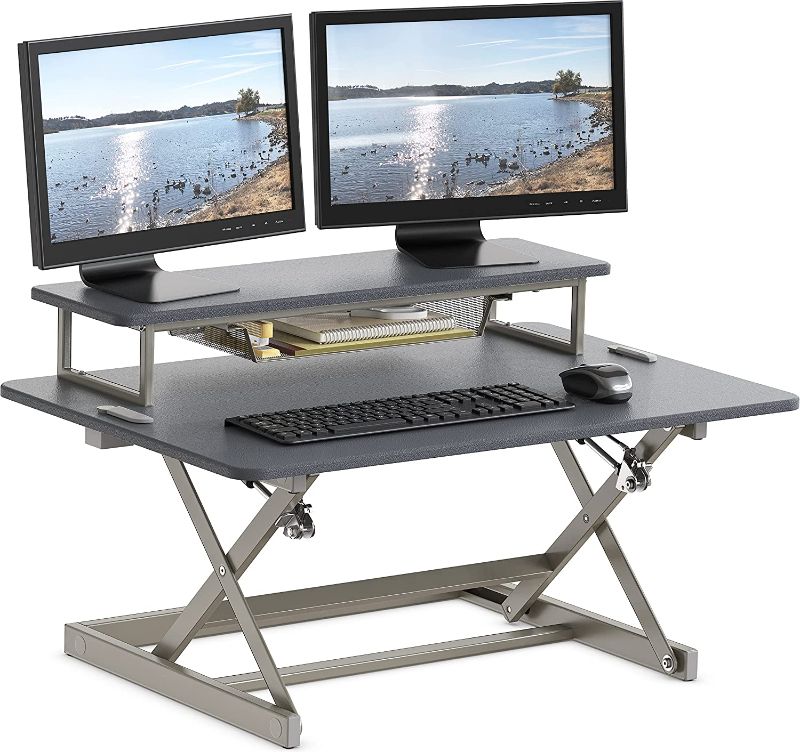 Photo 1 of SHW 36-Inch Height Adjustable Standing Desk Converter Sit to Stand Riser Workstation, Gray
