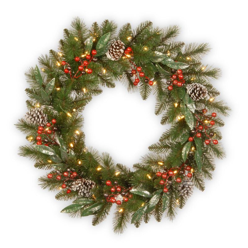 Photo 1 of 30" Frosted Pine Berry Wreath with Battery Operated LED Green See original listing
