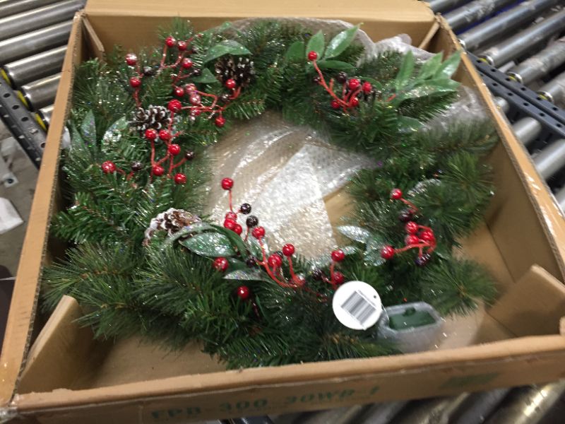 Photo 2 of 30" Frosted Pine Berry Wreath with Battery Operated LED Green See original listing
