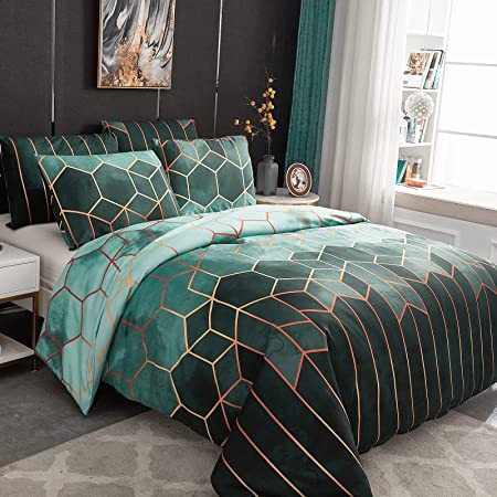 Photo 1 of Geometric Duvet Cover Set Summer Gradient Color, 100% Brushed Microfiber Printed (NO COMFORTER) Covers with Zipper Closure and Corner Ties, 2 Pillow Shams, Soft Luxury Bedding Set, Green, Full
