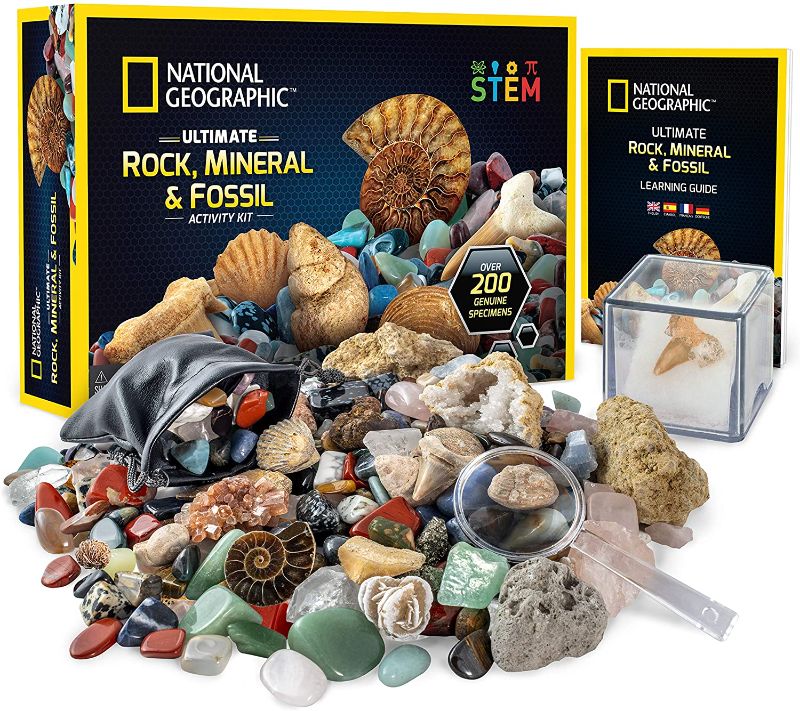 Photo 1 of NATIONAL GEOGRAPHIC Rocks & Fossils Kit – 200+ Piece Set Includes Geodes, Real Fossils, Rose Quartz, Jasper, Aventurine & Many More Rocks, Crystals & Gemstones
