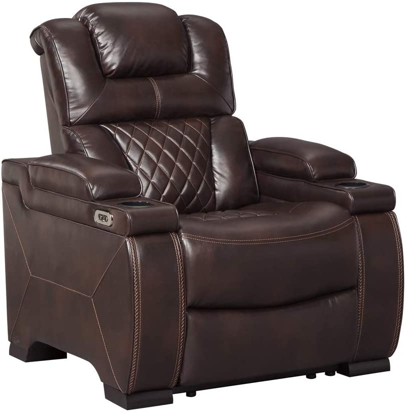 Photo 1 of Signature Design by Ashley Warnerton Faux Leather Power Recliner with Adjustable Headrest, Brown
