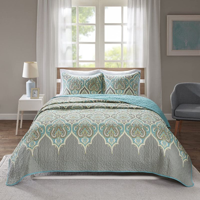 Photo 1 of Comfort Spaces CS14-0808 Paisley Design, Double Sided Quilting All Season, Lightweight, Coverlet Bedspread Bedding Set, Matching Shams, King/Cal King(104"x90"), Mona, Teal/Grey
