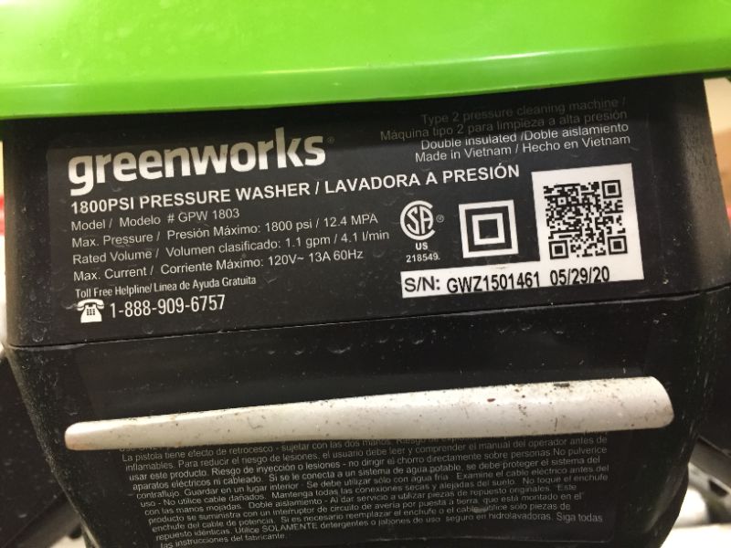 Photo 5 of Greenworks PW-1800 1800 PSI 1.1 GPM Electric Pressure Washer
