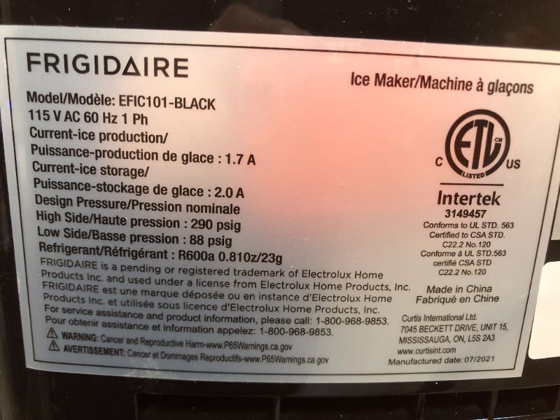 Photo 5 of FRIGIDAIRE EFIC101-BLACK Portable Compact Maker, 26 lb per Day, Ice Making Machine, Black