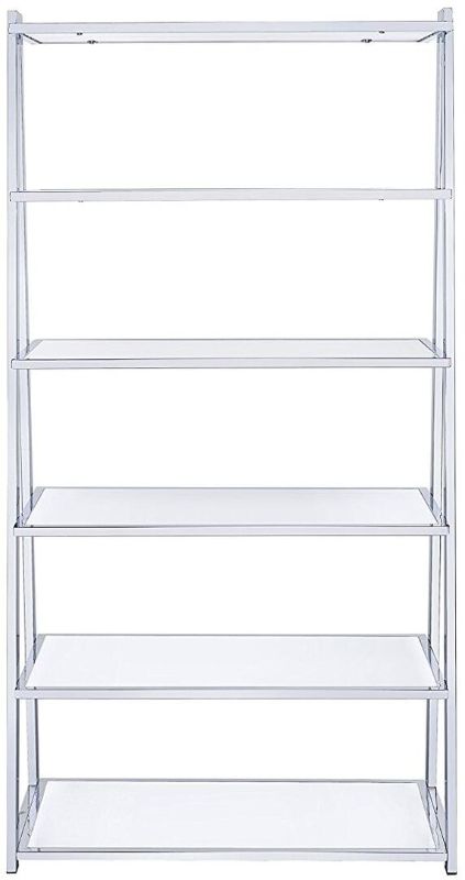 Photo 1 of Coleen Collection 36" Bookshelf with 6 Fixed Wooden Shelves, Open Back Panel, Metal Frame, Engineered Wood Construction and High Gloss PVC Material in White High Gloss and Chrome FInish
