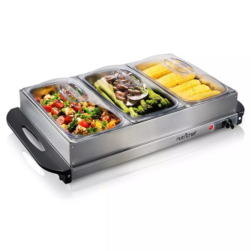 Photo 1 of Nutrichef PKBFWM33 Electric 3 Tray Cool Touch Portable Stainless Steel Buffet Server Hot Plate Food Warmer with Rotary Temperature Control Knobs
