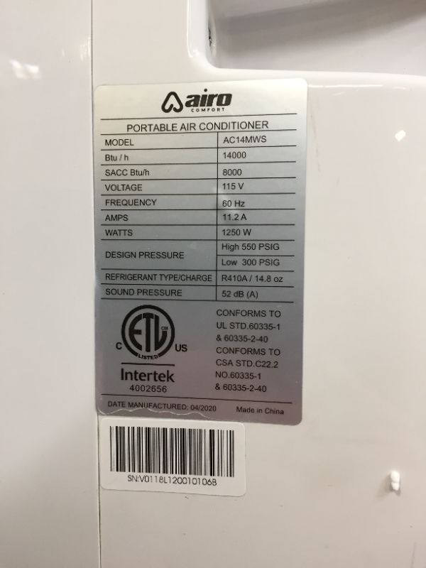 Photo 2 of Airo Comfort Portable Air Conditioner 14,000 BTU - 8,600 SACC Quiet Air Conditioning Machine Cools for 450 to 600 Square Feet Room LED Display Auto and Dehumidifier Mode with Remote Control
