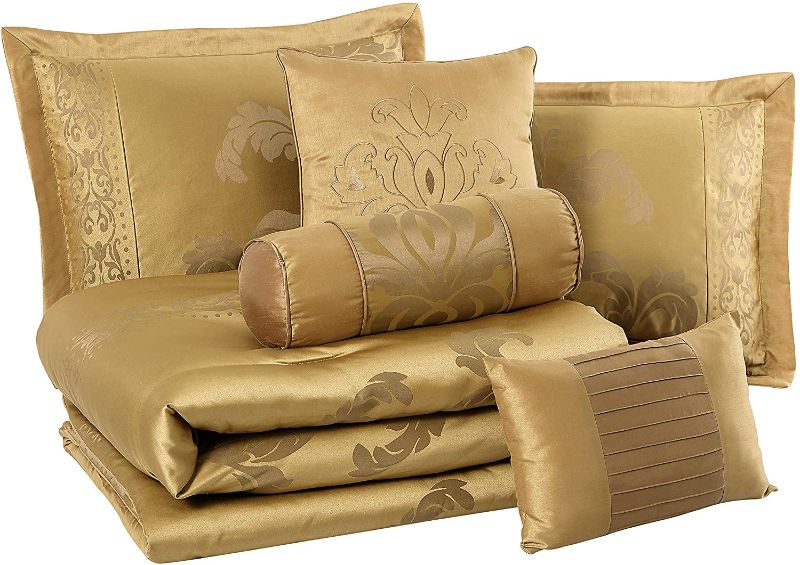 Photo 1 of Chezmoi Collection 5-Piece Jacquard Floral Comforter Set (King, Gold)--few pillows are missing 
