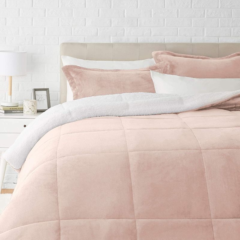 Photo 1 of Amazon Basics Ultra-Soft Micromink Sherpa Comforter Bed Set - Blush, Full/Queen
