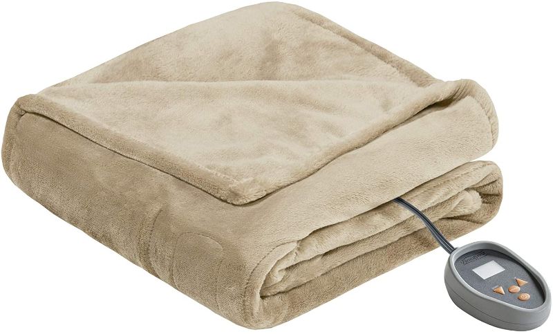 Photo 1 of Beautyrest Microlight to Sherpa Reversible Electric Blanket Throw, Adjustable Multi-Level Heat Setting Controller Cozy Living Room Couch, Sofa, Bed, Queen, Tan
