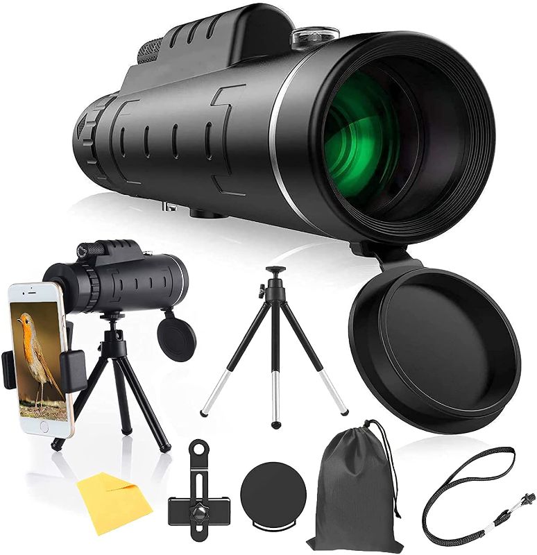 Photo 1 of Monocular Telescope, 12x50 High Power HD Monocular with Smartphone Holder Tripod Waterproof Night Vision and Clear Prism Dual Focus, Hunting Travelling Wildlife Bird Watching Gifts (2021 Upgrade)
