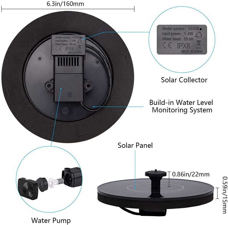 Photo 1 of Solar Fountain for Bird Bath, Solar Powered Fountain Pump 1.5W Free Standing Floating Birdbath Water Pumps for Garden, Patio, Pond and Pool
