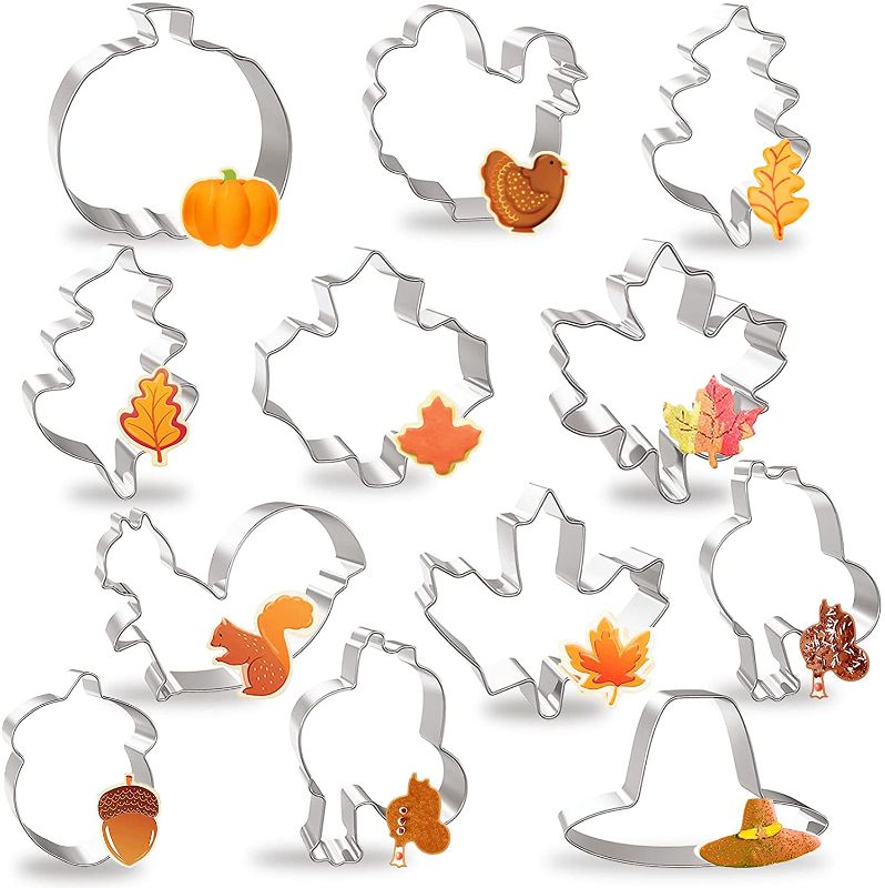 Photo 1 of 2 pack - 12Pcs Fall Cookie Cutters - Pumpkin/ Turkey/ Maple Leaf/ Squirrel/ Acorn/Large Thanksgiving Cookie Cutter Set, Metal Stainless Steel Biscuit Cookie Molds

