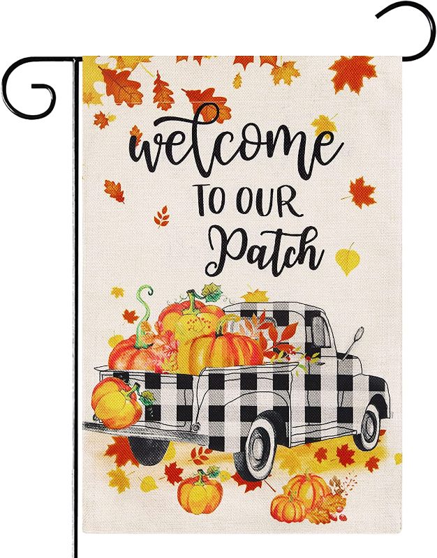 Photo 1 of 3 pack - Thanksgiving Flag Double Sided 12 x18 Inch Welcome Pumpkins Thanksgiving Garden Flag Truck Leaves Burlap Sign Outdoor Autumn Decoration Fall Flag Decor for Home Yard Lawn Thanksgiving Day
