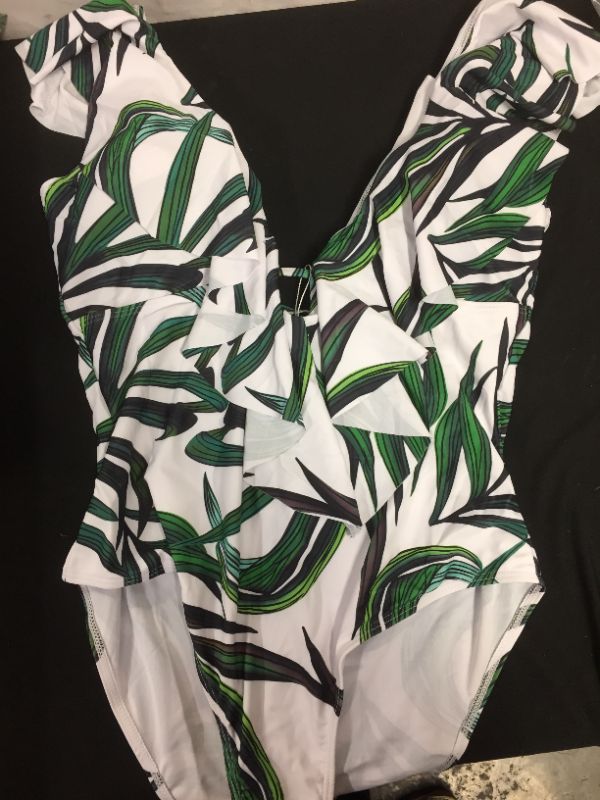 Photo 1 of WOMENS BATHING SUIT SPORLIKE LARGE ONE PIECE FLORAL PRINT GREEN AND WHITE 