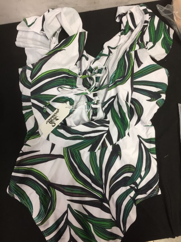 Photo 2 of WOMENS BATHING SUIT SPORLIKE LARGE ONE PIECE FLORAL PRINT GREEN AND WHITE 
