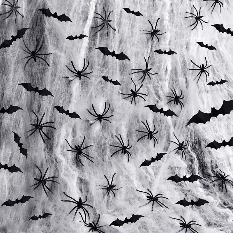 Photo 1 of 1500sqft Halloween Spider Web Decoration with 48Pcs Fake Spiders and Bat, Super Stretch Cobwebs Halloween Spider Decorations for Indoor and Outdoor Halloween Decorations Party Props 2 PCK
