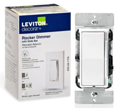 Photo 1 of Decora 600-Watt Single-Pole/3-Way Universal Rocker Slide Dimmer, White/Light Almond
