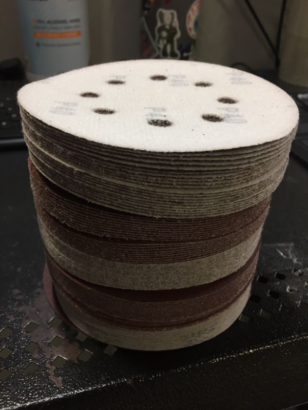 Photo 2 of 100pcs 5 inch Sanding Discs Hook and Loop, (8 Hole Orbital Sander Sandpaper, 20 x 40/60/80/120/180 Grit Orbital Sander Pads), Round Sandpaper Discs by AniSqui
