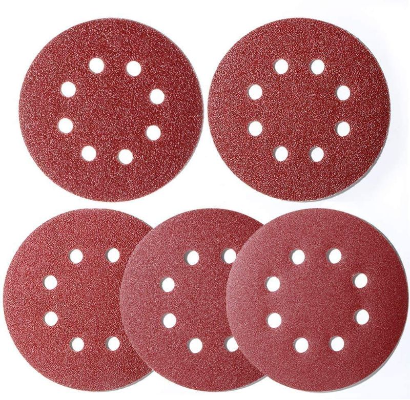 Photo 1 of 100pcs 5 inch Sanding Discs Hook and Loop, (8 Hole Orbital Sander Sandpaper, 20 x 40/60/80/120/180 Grit Orbital Sander Pads), Round Sandpaper Discs by AniSqui
