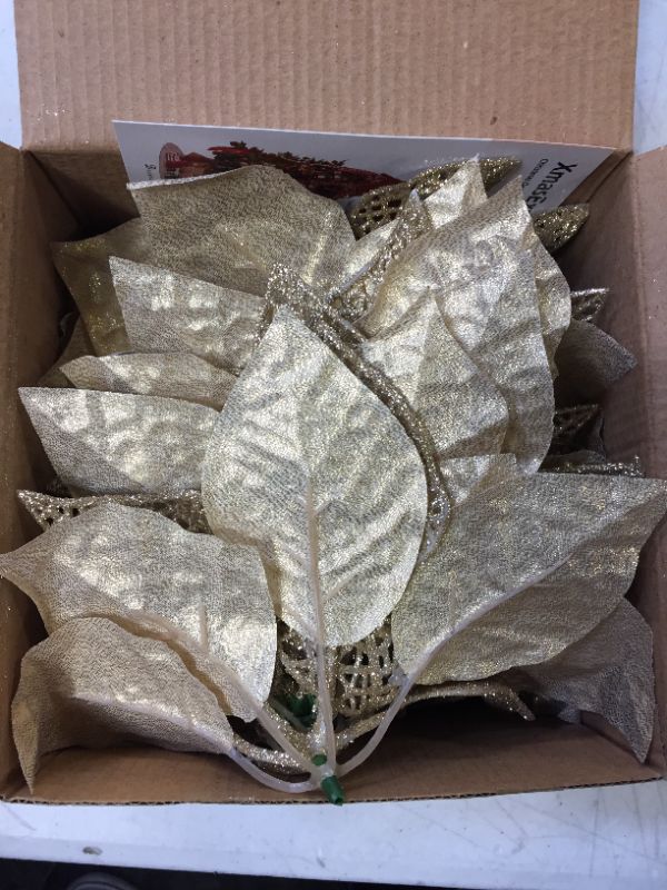 Photo 3 of 10 Pack Christmas Poinsettia Flowers Glitter Poinsettia Bushes Christmas Tree Flowers Christmas Poinsettia Ornament, Artificial Poinsettia Flowers Christmas Decorations Champagne Gold
