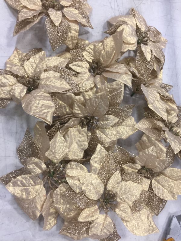 Photo 2 of 10 Pack Christmas Poinsettia Flowers Glitter Poinsettia Bushes Christmas Tree Flowers Christmas Poinsettia Ornament, Artificial Poinsettia Flowers Christmas Decorations Champagne Gold
