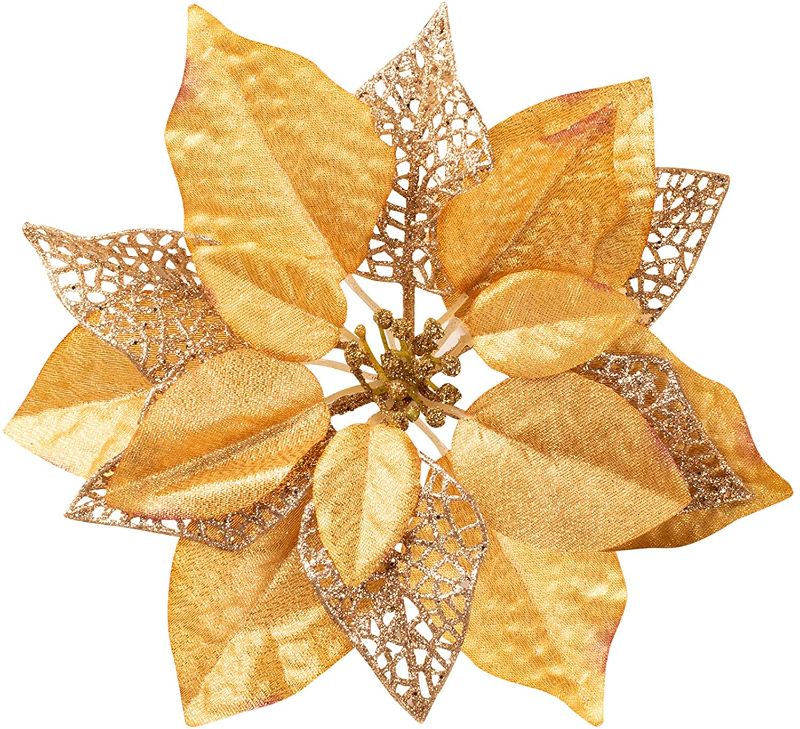 Photo 1 of 10 Pack Christmas Poinsettia Flowers Glitter Poinsettia Bushes Christmas Tree Flowers Christmas Poinsettia Ornament, Artificial Poinsettia Flowers Christmas Decorations Champagne Gold
