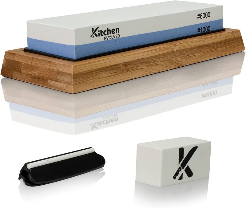 Photo 1 of  Kitchen Evolved Wet Stone Sharpening Kit | with Nonslip Bamboo Base, Flattening Stone & Angle Guide