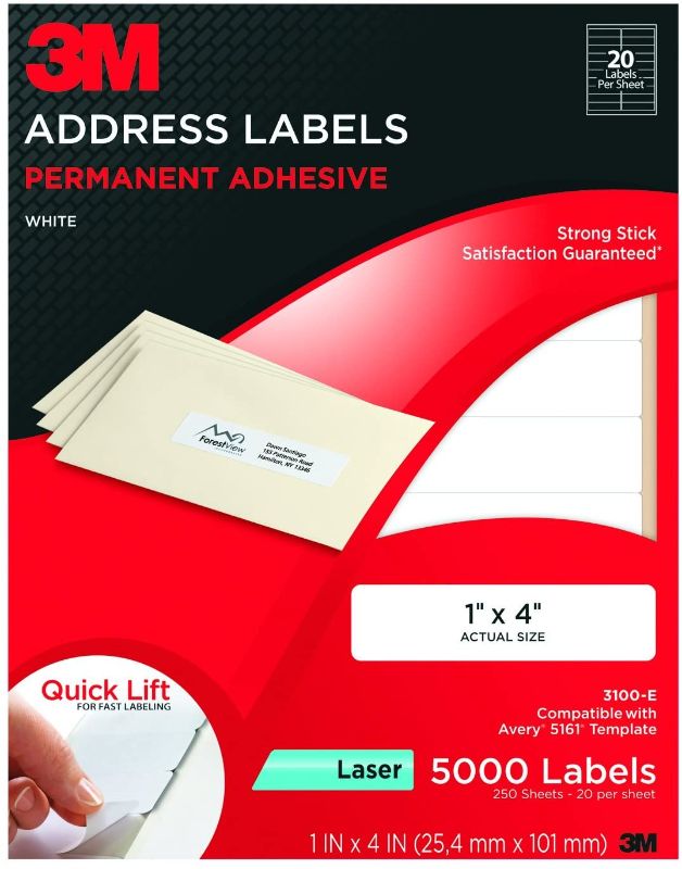 Photo 1 of 3M Permanent Adhesive Address Labels, 1 x 4 Inches, White, 5000 per Pack
